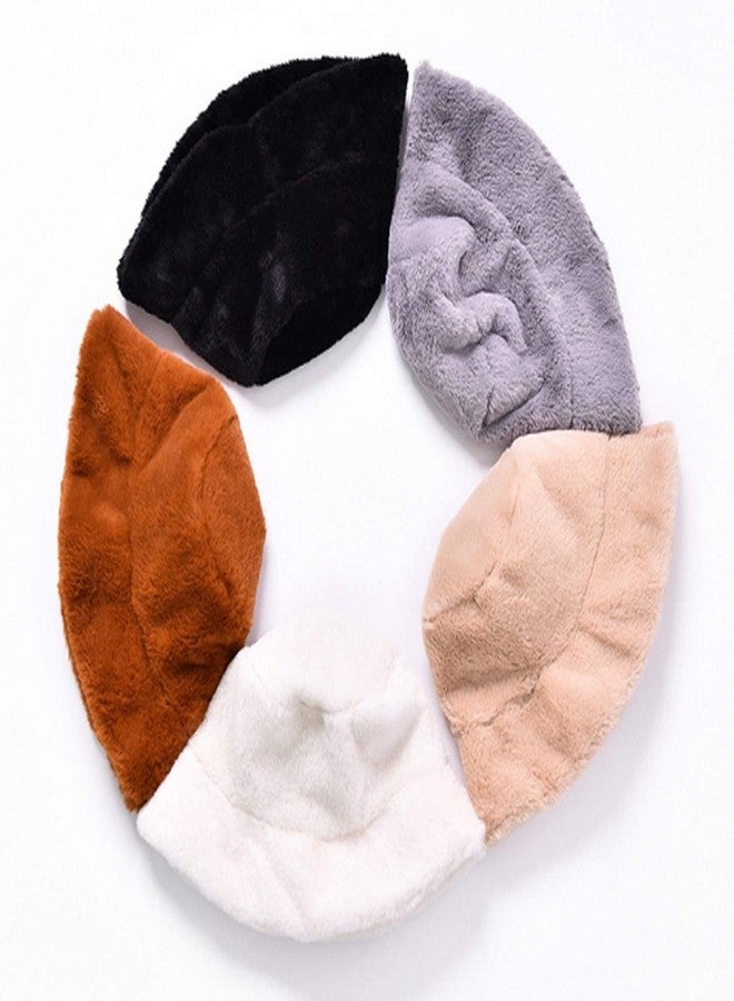 Brcus Women Winter Plush Bucket Hat Warm Solid Color Faux Fur Fisherman Cap White - Image 3